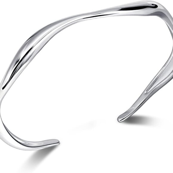Sterling Silver Wavy Cuff Bracelet Adjustable Thin Bangle for Women - Picture 1 of 6